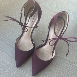 Burgundy suede pumps with front tie at ankle, size 8.5